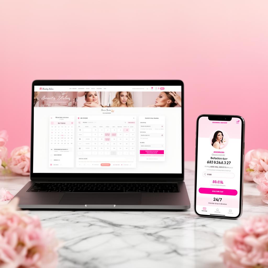 Premium beauty booking system σε laptop και κινητό, διαθέσιμο 24/7